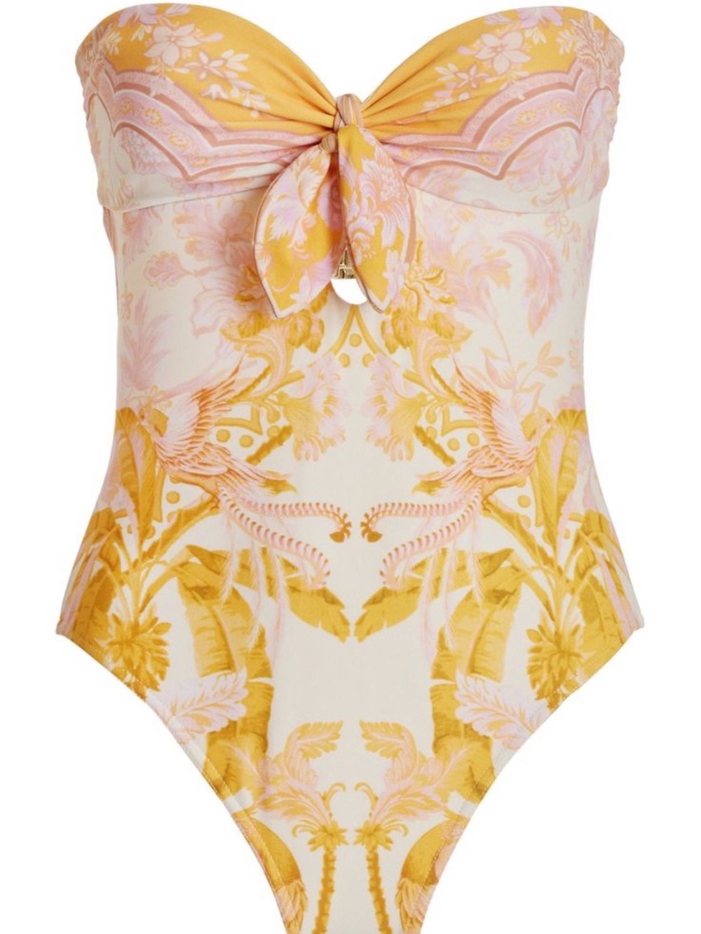 NWT Zimmermann Lyre Keyhole Tie Front One Piece Swimsuit Yellow Palm Size 4